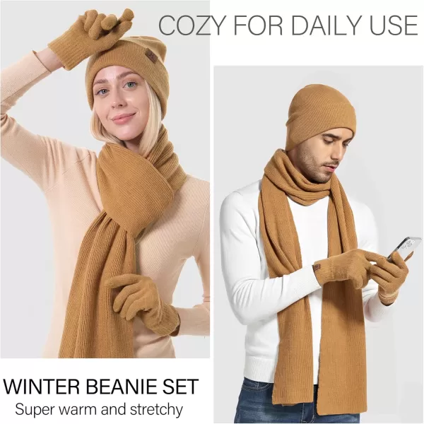 Mens Womens Winter Warm Beanie Hats Long Neck Scarf Touchscreen Gloves Set Knit Skull Caps Scarves Gifts for Women MenBrown