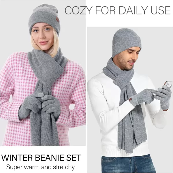 Mens Womens Winter Warm Beanie Hats Long Neck Scarf Touchscreen Gloves Set Knit Skull Caps Scarves Gifts for Women MenGrey