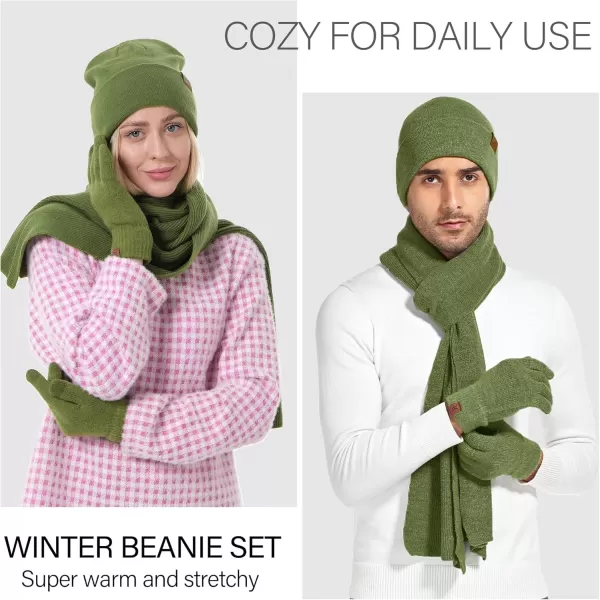 Mens Womens Winter Warm Beanie Hats Long Neck Scarf Touchscreen Gloves Set Knit Skull Caps Scarves Gifts for Women MenOlive Green