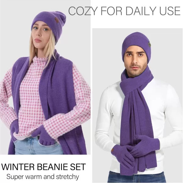 Mens Womens Winter Warm Beanie Hats Long Neck Scarf Touchscreen Gloves Set Knit Skull Caps Scarves Gifts for Women MenPurple