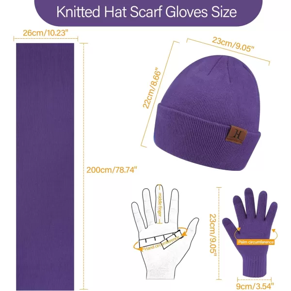 Mens Womens Winter Warm Beanie Hats Long Neck Scarf Touchscreen Gloves Set Knit Skull Caps Scarves Gifts for Women MenPurple