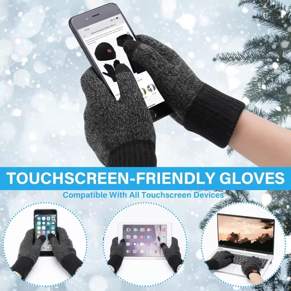Mens ampamp Womens Winter Knit Hat Beanie Long Neck Scarf Touchscreen Gloves Set Skull Cap with Fleece Lined Gifts for Men WomenA Black Grey