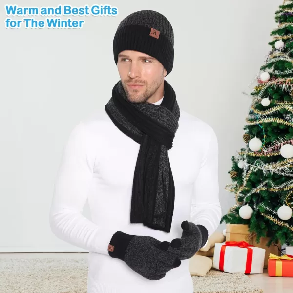 Mens ampamp Womens Winter Knit Hat Beanie Long Neck Scarf Touchscreen Gloves Set Skull Cap with Fleece Lined Gifts for Men WomenA Black Grey