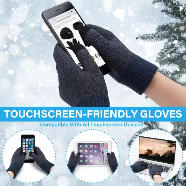 Mens ampamp Womens Winter Knit Hat Beanie Long Neck Scarf Touchscreen Gloves Set Skull Cap with Fleece Lined Gifts for Men WomenA Navy Blue