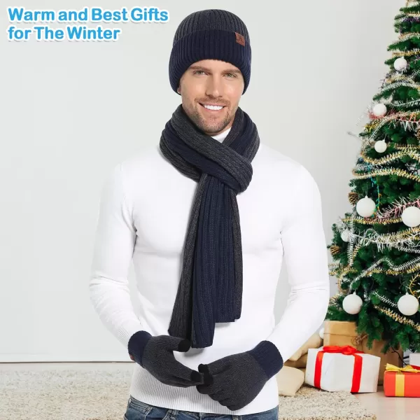 Mens ampamp Womens Winter Knit Hat Beanie Long Neck Scarf Touchscreen Gloves Set Skull Cap with Fleece Lined Gifts for Men WomenA Navy Blue
