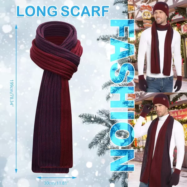 Mens ampamp Womens Winter Knit Hat Beanie Long Neck Scarf Touchscreen Gloves Set Skull Cap with Fleece Lined Gifts for Men WomenA Wine Red