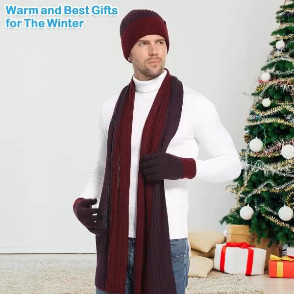 Mens ampamp Womens Winter Knit Hat Beanie Long Neck Scarf Touchscreen Gloves Set Skull Cap with Fleece Lined Gifts for Men WomenA Wine Red