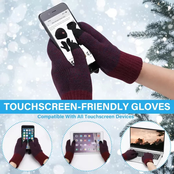 Mens ampamp Womens Winter Knit Hat Beanie Long Neck Scarf Touchscreen Gloves Set Skull Cap with Fleece Lined Gifts for Men WomenA Wine Red