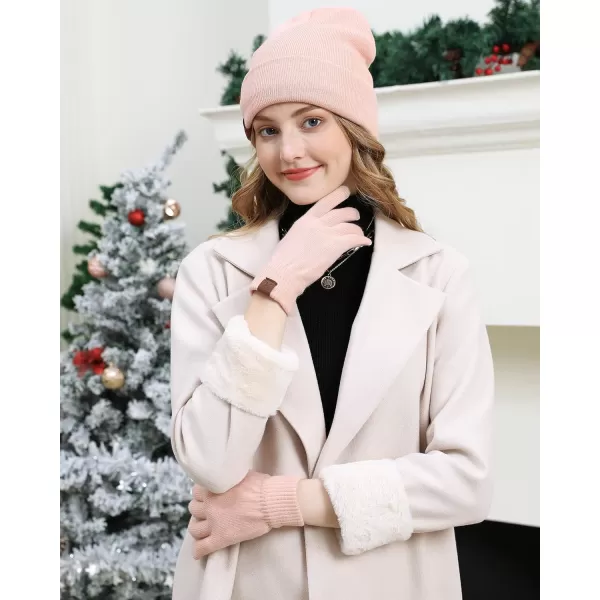Winter Warm Beanie Hat Touchscreen Gloves Set Soft Skull Cap Gloves Set for Men and Women with Warm Knit Fleece LinedPink