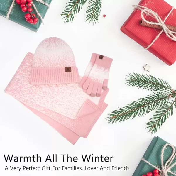 Womens Winter Knit Beanie Hats and Touchscreen Gloves Long Scarf Set with Warm Fleece Lined Skull Caps Scarves for WomenPink White