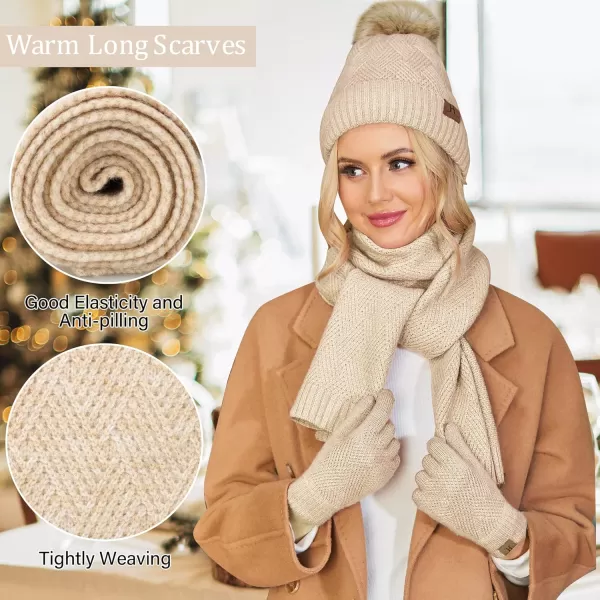 Womens Winter Warm Knit Beanie Hat Long Scarf Touchscreen Gloves Set with Fleece Lined Pom Skull Cap Gifts for WomenEapricot