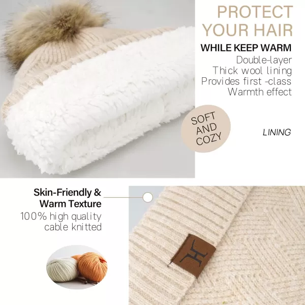 Womens Winter Warm Knit Beanie Hat Long Scarf Touchscreen Gloves Set with Fleece Lined Pom Skull Cap Gifts for WomenEapricot