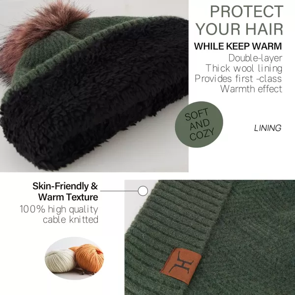 Womens Winter Warm Knit Beanie Hat Long Scarf Touchscreen Gloves Set with Fleece Lined Pom Skull Cap Gifts for WomenEarmy Green