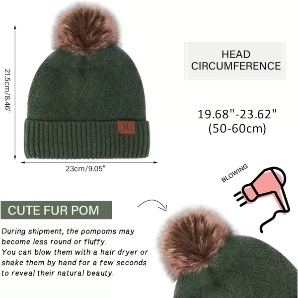 Womens Winter Warm Knit Beanie Hat Long Scarf Touchscreen Gloves Set with Fleece Lined Pom Skull Cap Gifts for WomenEarmy Green