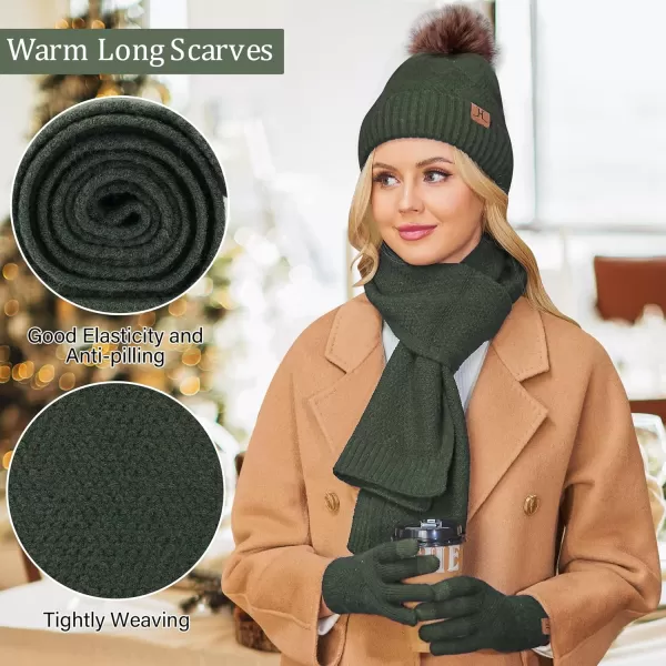 Womens Winter Warm Knit Beanie Hat Long Scarf Touchscreen Gloves Set with Fleece Lined Pom Skull Cap Gifts for WomenEarmy Green