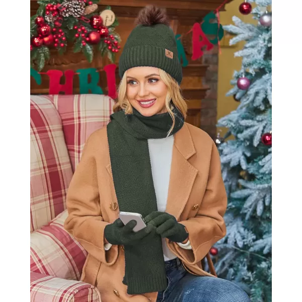Womens Winter Warm Knit Beanie Hat Long Scarf Touchscreen Gloves Set with Fleece Lined Pom Skull Cap Gifts for WomenEarmy Green