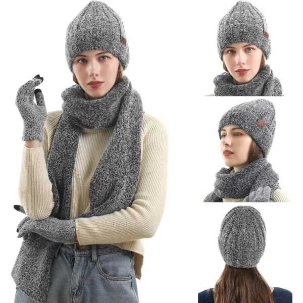 Womens Winter Warm Knit Beanie Hat Touchscreen Gloves Long Neck Scarf Set with Fleece Lined Skull Caps Gifts for Women Men Black
