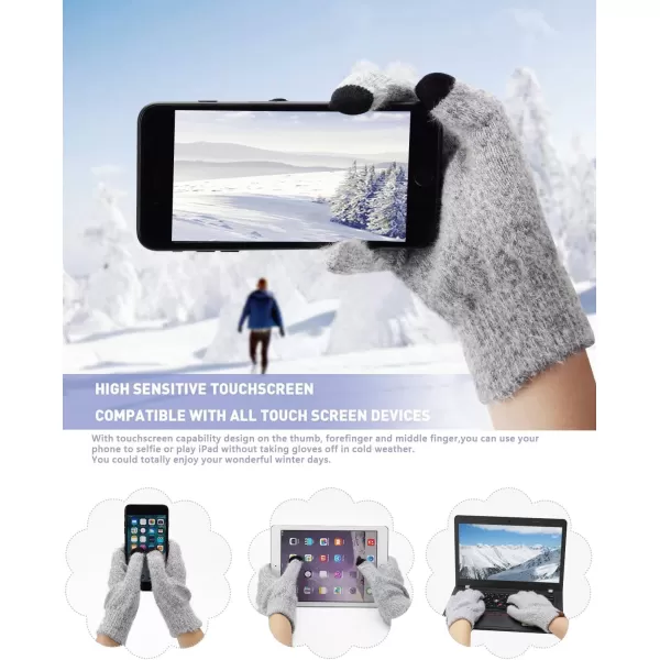 Womens Winter Warm Knit Beanie Hat Touchscreen Gloves Long Neck Scarf Set with Fleece Lined Skull Caps Gifts for Women Men Grey