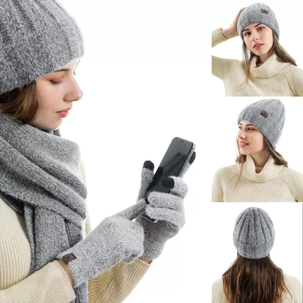 Womens Winter Warm Knit Beanie Hat Touchscreen Gloves Long Neck Scarf Set with Fleece Lined Skull Caps Gifts for Women Men Grey