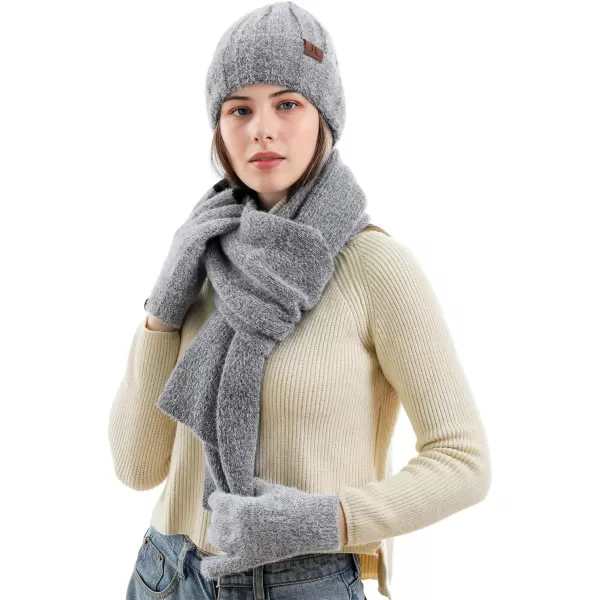 Womens Winter Warm Knit Beanie Hat Touchscreen Gloves Long Neck Scarf Set with Fleece Lined Skull Caps Gifts for Women Men Grey