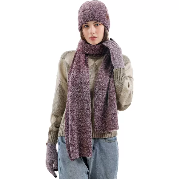 Womens Winter Warm Knit Beanie Hat Touchscreen Gloves Long Neck Scarf Set with Fleece Lined Skull Caps Gifts for Women Men Wine Red
