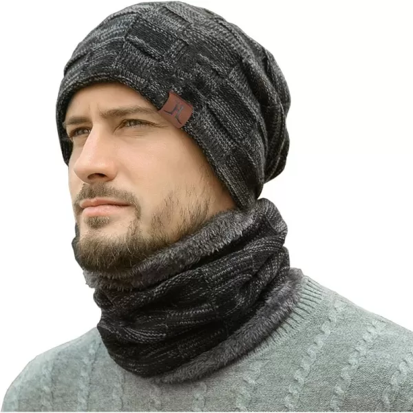 FZ FANTASTIC ZONE Mens Winter Beanie Hats Scarf Set Warm Knit Skull Cap Neck Warmer with Fleece Lined Winter Hat for WomenBlack