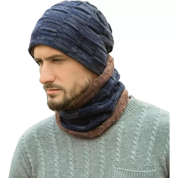 FZ FANTASTIC ZONE Mens Winter Beanie Hats Scarf Set Warm Knit Skull Cap Neck Warmer with Fleece Lined Winter Hat for WomenNavy Blue