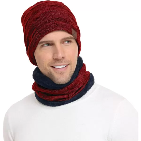 FZ FANTASTIC ZONE Mens Winter Beanie Hats Scarf Set Warm Knit Skull Cap Neck Warmer with Fleece Lined Winter Hat for WomenWine Red