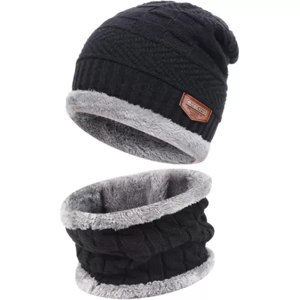 FZ FANTASTIC ZONE Mens Womens Winter Beanie Hat Scarf Set Warm Knit Thick Fleece Lined Skull Cap Neck Warmer for Men WomenD Black