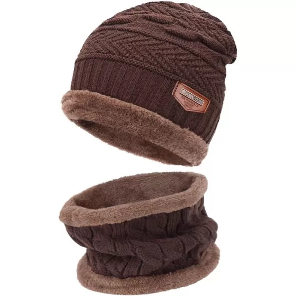 FZ FANTASTIC ZONE Mens Womens Winter Beanie Hat Scarf Set Warm Knit Thick Fleece Lined Skull Cap Neck Warmer for Men WomenD Coffee