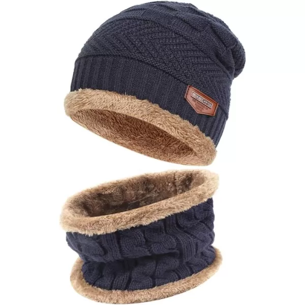 FZ FANTASTIC ZONE Mens Womens Winter Beanie Hat Scarf Set Warm Knit Thick Fleece Lined Skull Cap Neck Warmer for Men WomenD Navy Blue
