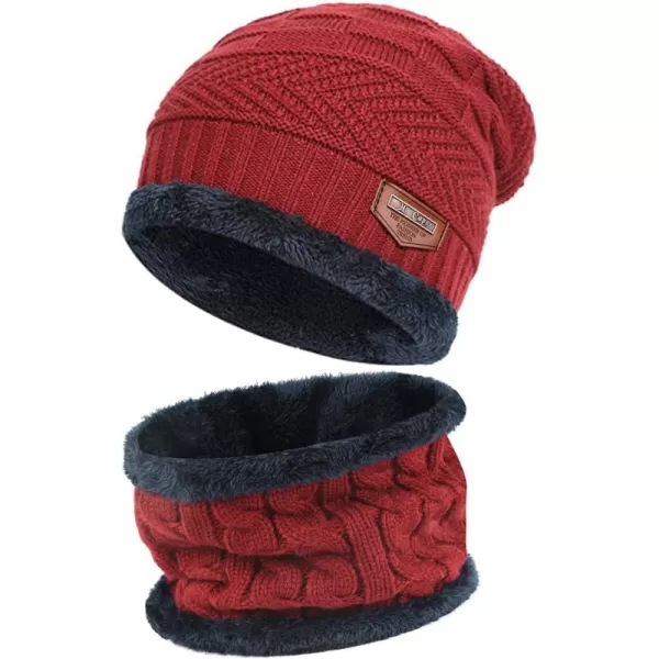 FZ FANTASTIC ZONE Mens Womens Winter Beanie Hat Scarf Set Warm Knit Thick Fleece Lined Skull Cap Neck Warmer for Men WomenD Red
