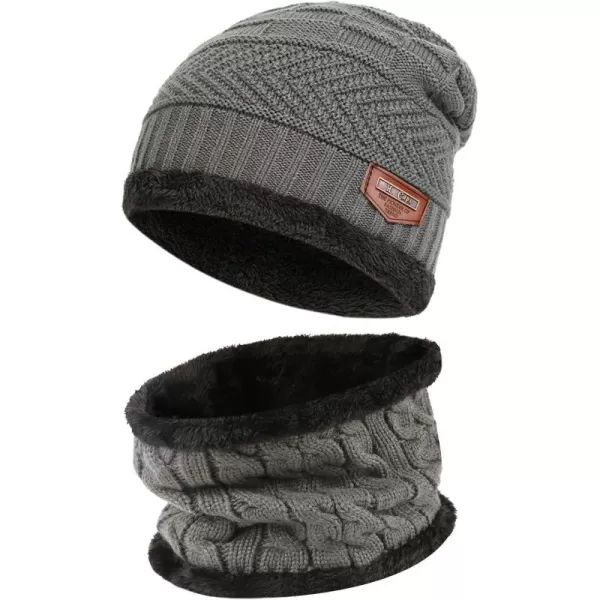 FZ FANTASTIC ZONE Mens Womens Winter Beanie Hat Scarf Set Warm Knit Thick Fleece Lined Skull Cap Neck Warmer for Men WomenDark Grey