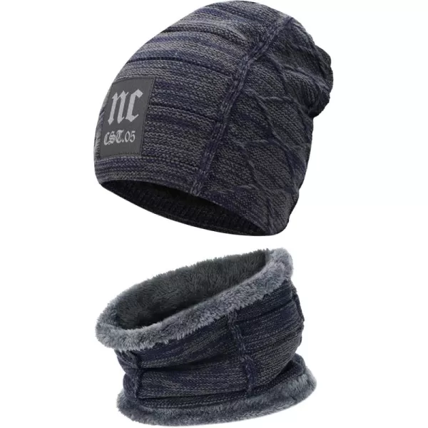 FZ FANTASTIC ZONE Mens Womens Winter Beanie Hat Scarf Set Warm Knit Thick Fleece Lined Skull Cap Neck Warmer for Men WomenNc Blue