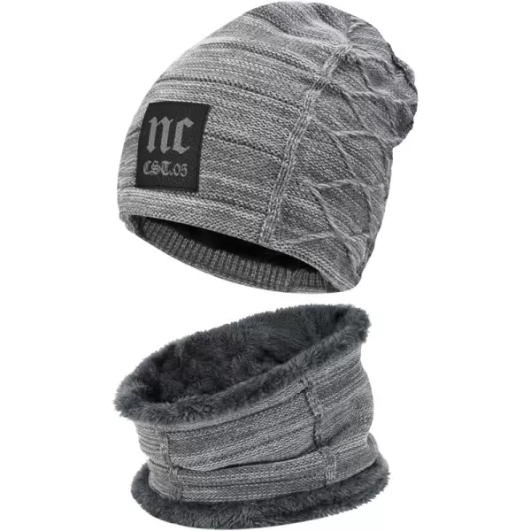 FZ FANTASTIC ZONE Mens Womens Winter Beanie Hat Scarf Set Warm Knit Thick Fleece Lined Skull Cap Neck Warmer for Men WomenNc Grey