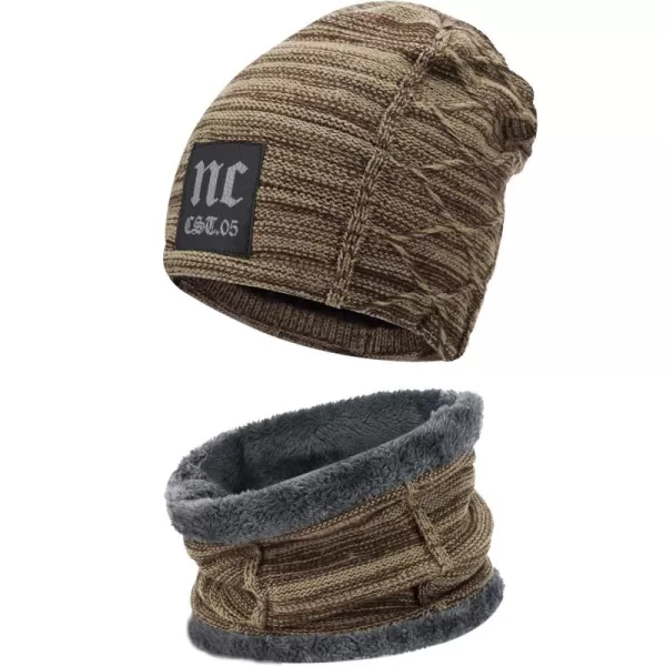 FZ FANTASTIC ZONE Mens Womens Winter Beanie Hat Scarf Set Warm Knit Thick Fleece Lined Skull Cap Neck Warmer for Men WomenNc Khaki