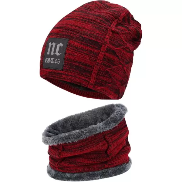 FZ FANTASTIC ZONE Mens Womens Winter Beanie Hat Scarf Set Warm Knit Thick Fleece Lined Skull Cap Neck Warmer for Men WomenNc Red