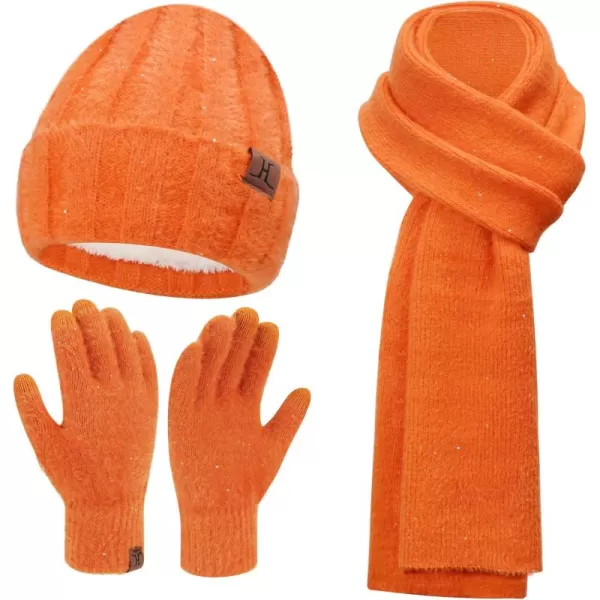 FZ FANTASTIC ZONE Womens Winter Warm Knit Beanie Hats and Touchscreen Gloves Long Scarf Sets with Sequins Thick Fleece LinedOrange
