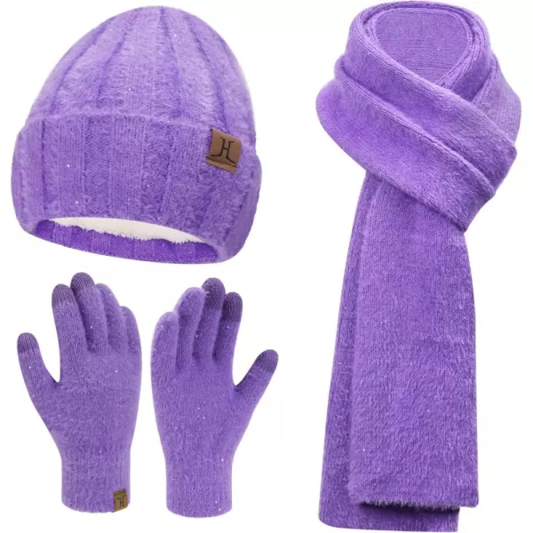 FZ FANTASTIC ZONE Womens Winter Warm Knit Beanie Hats and Touchscreen Gloves Long Scarf Sets with Sequins Thick Fleece LinedPurple