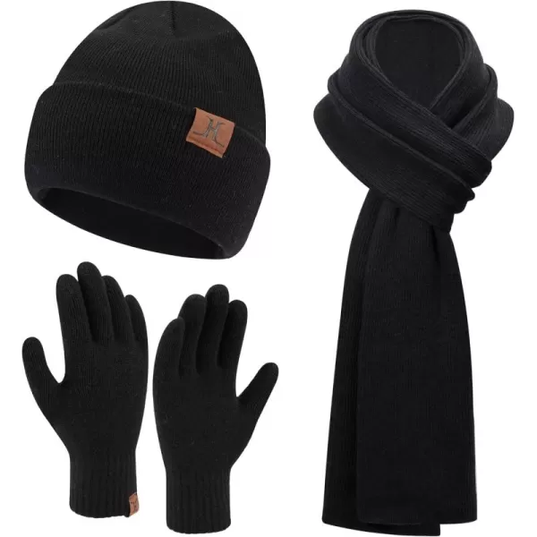 Mens Womens Winter Warm Beanie Hats Long Neck Scarf Touchscreen Gloves Set Knit Skull Caps Scarves Gifts for Women MenBlack