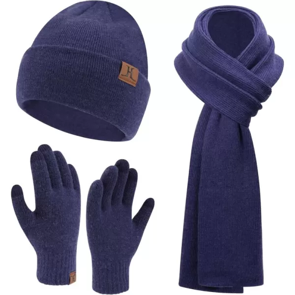 Mens Womens Winter Warm Beanie Hats Long Neck Scarf Touchscreen Gloves Set Knit Skull Caps Scarves Gifts for Women MenNavy Blue