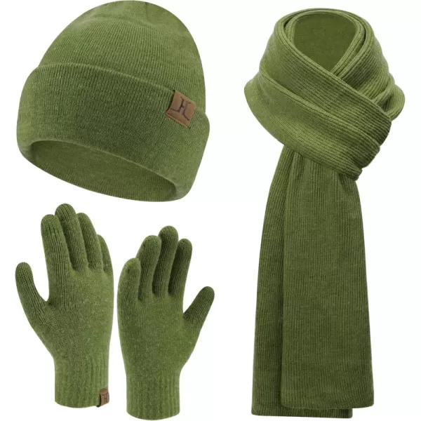 Mens Womens Winter Warm Beanie Hats Long Neck Scarf Touchscreen Gloves Set Knit Skull Caps Scarves Gifts for Women MenOlive Green