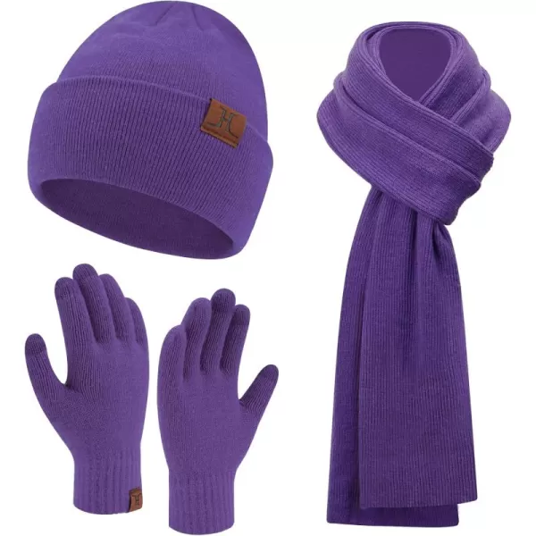 Mens Womens Winter Warm Beanie Hats Long Neck Scarf Touchscreen Gloves Set Knit Skull Caps Scarves Gifts for Women MenPurple
