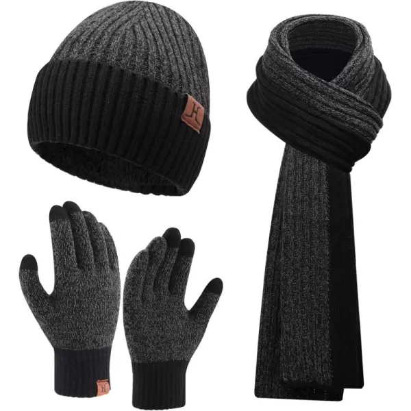 Mens ampamp Womens Winter Knit Hat Beanie Long Neck Scarf Touchscreen Gloves Set Skull Cap with Fleece Lined Gifts for Men WomenA Black Grey