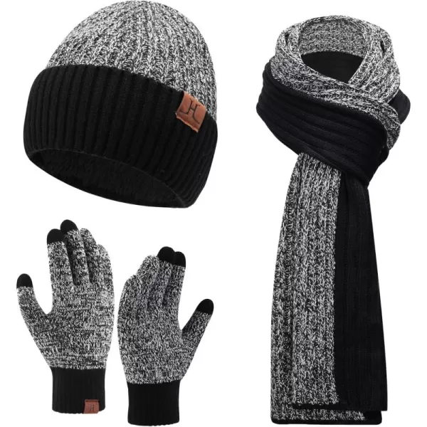 Mens ampamp Womens Winter Knit Hat Beanie Long Neck Scarf Touchscreen Gloves Set Skull Cap with Fleece Lined Gifts for Men WomenA Black White