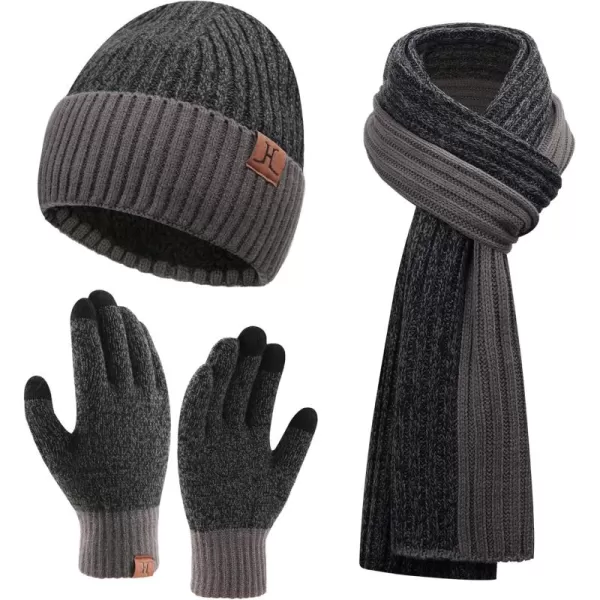 Mens ampamp Womens Winter Knit Hat Beanie Long Neck Scarf Touchscreen Gloves Set Skull Cap with Fleece Lined Gifts for Men WomenA Dark Grey