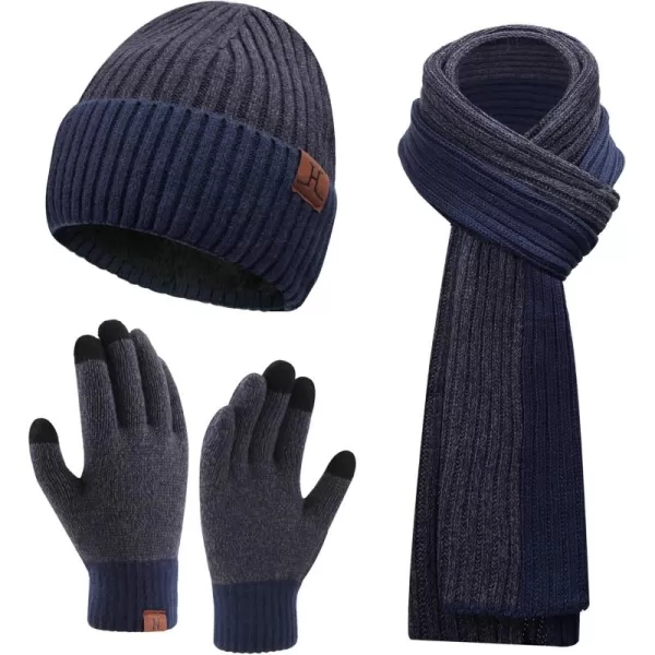 Mens ampamp Womens Winter Knit Hat Beanie Long Neck Scarf Touchscreen Gloves Set Skull Cap with Fleece Lined Gifts for Men WomenA Navy Blue