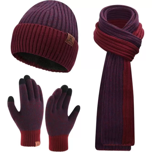 Mens ampamp Womens Winter Knit Hat Beanie Long Neck Scarf Touchscreen Gloves Set Skull Cap with Fleece Lined Gifts for Men WomenA Wine Red