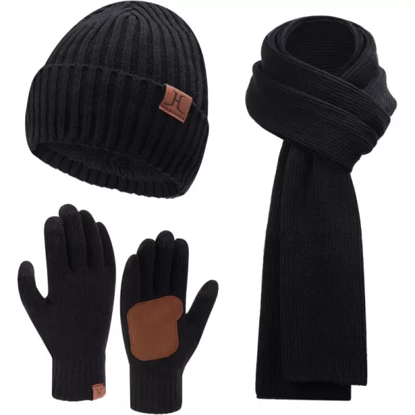 Mens ampamp Womens Winter Knit Hat Beanie Long Neck Scarf Touchscreen Gloves Set Skull Cap with Fleece Lined Gifts for Men WomenBlack