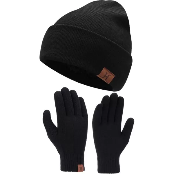 Winter Warm Beanie Hat Touchscreen Gloves Set Soft Skull Cap Gloves Set for Men and Women with Warm Knit Fleece LinedBlack